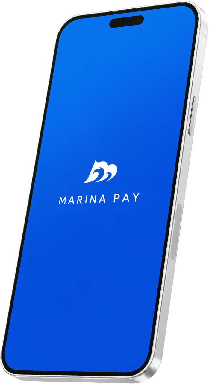 은은한 그라데이션 화면에 MARINA PAY 문구가 표시된 실버 스마트폰